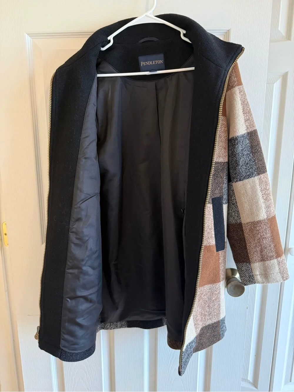 Pendleton Women's Wool Blend Fall Brown & Cream Plaid Zip-Front Peacoat S